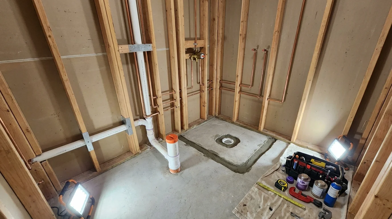 Bathroom rough-in plumbing during remodel by Johns Plumbing LLC in Elkader