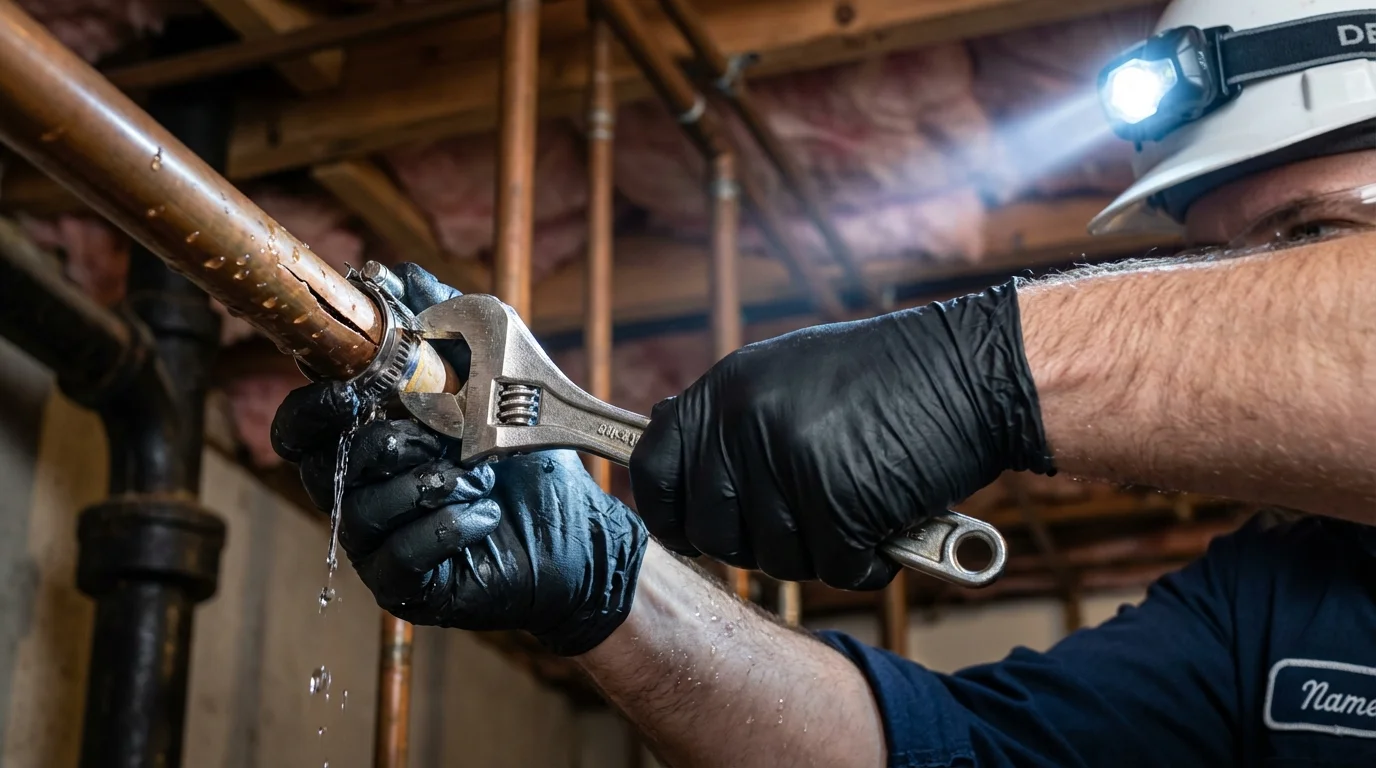Emergency pipe clamp repair being performed by a Johns Plumbing LLC plumber in Elkader