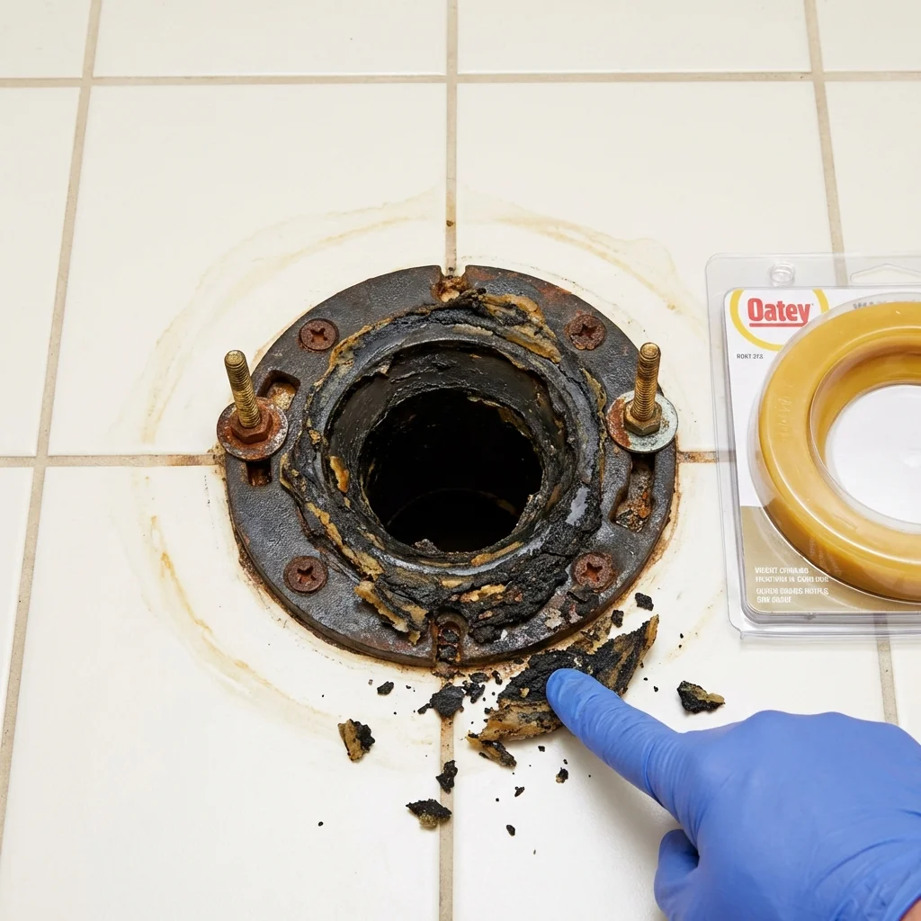 Failed wax ring showing water seepage at the base of a toilet in a Elkader, IA home