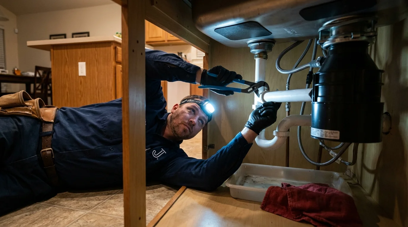 P-trap and supply line connections under a kitchen sink showing a common leak point in Elkader, IA